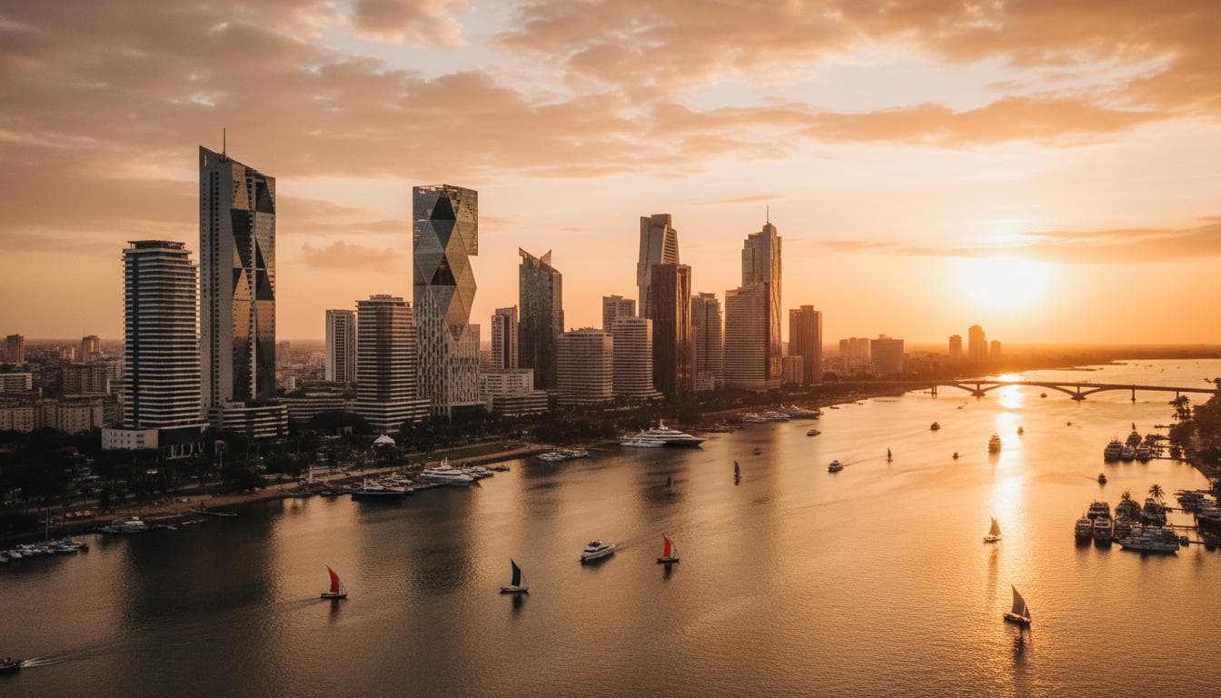 Skyline d'Abidjan au coucher du soleil - opportunité investissement Côte d'Ivoire
